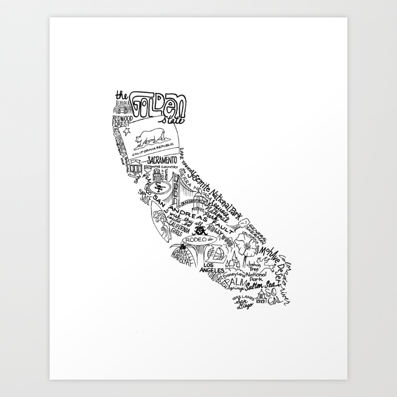 California Hand Lettered Map Art Print By Rachelwiygul Society6