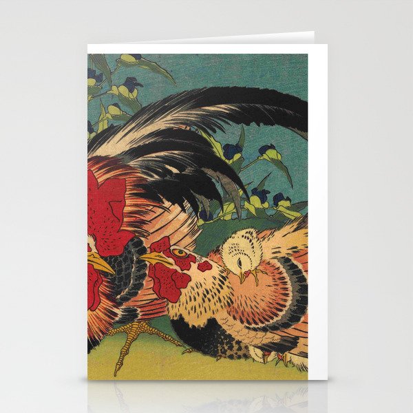 Hokusai, Rooster,Hen and Chicken with Spiderwort Stationery Cards