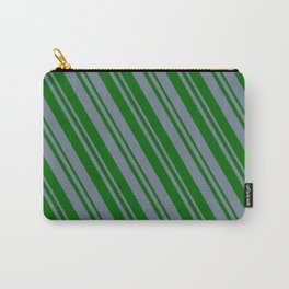 [ Thumbnail: Slate Gray and Dark Green Colored Striped/Lined Pattern Carry-All Pouch ]