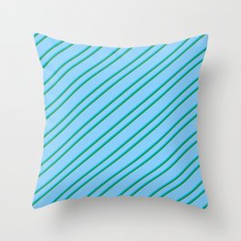 [ Thumbnail: Light Sky Blue, Deep Sky Blue, and Forest Green Colored Striped Pattern Throw Pillow ]