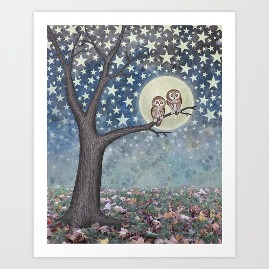 northern saw whet owls under the stars Art Print