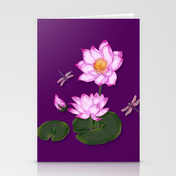 Lotus flowers with dragonflies Stationery Cards