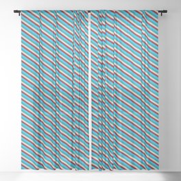 [ Thumbnail: Deep Sky Blue, Dark Cyan, Light Gray, and Maroon Colored Striped/Lined Pattern Sheer Curtain ]