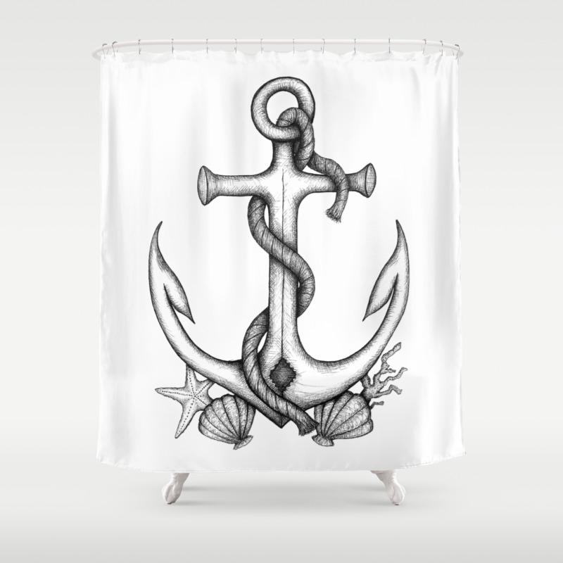 Anchor Maritime And Nautical Black White Shower Curtain By