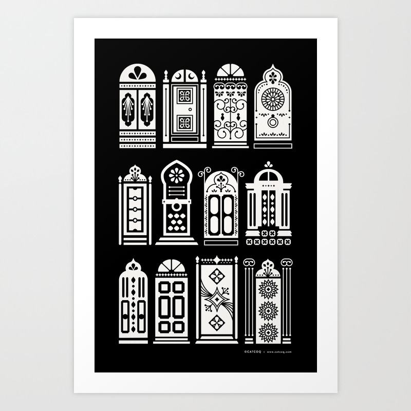 Moroccan Doors White Ink On Black Art Print By Catcoq Society6