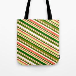 [ Thumbnail: Eyecatching Green, White, Red, Tan & Dark Green Colored Striped/Lined Pattern Tote Bag ]