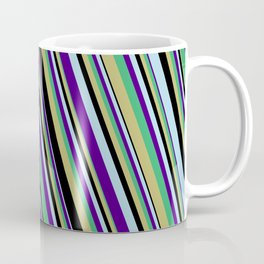 [ Thumbnail: Eye-catching Sea Green, Dark Khaki, Black, Light Blue, and Indigo Colored Striped/Lined Pattern Coffee Mug ]
