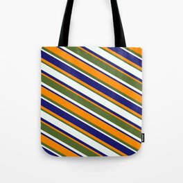 [ Thumbnail: Midnight Blue, Dark Orange, Dark Olive Green, and Mint Cream Colored Pattern of Stripes Tote Bag ]