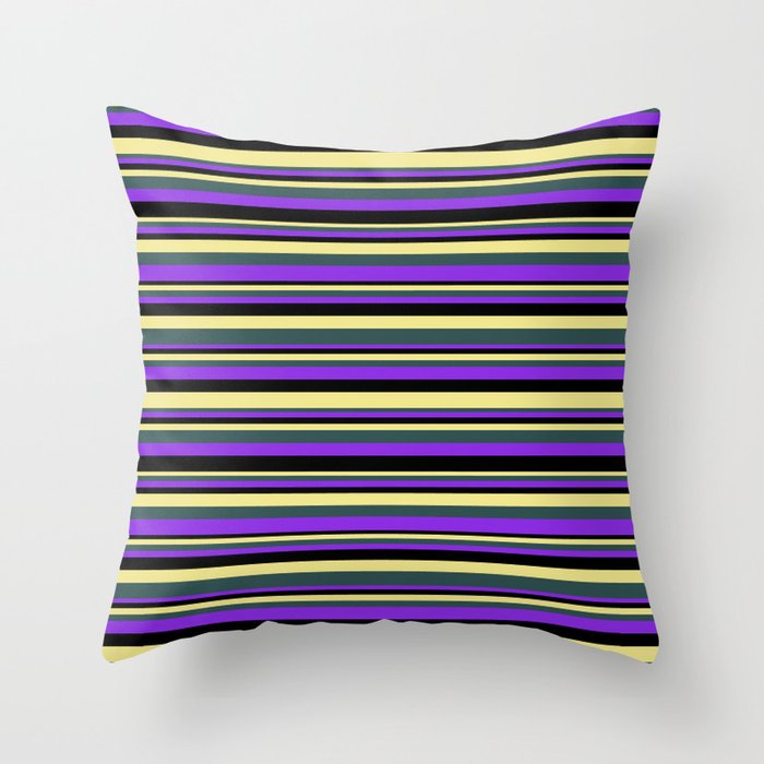 Tan, Dark Slate Gray, Purple, and Black Colored Stripes/Lines Pattern Throw Pillow