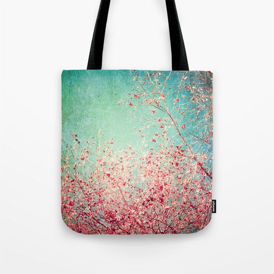 Blue Autumn, Pink leafs on blue, turquoise, green, aqua sky Tote Bag