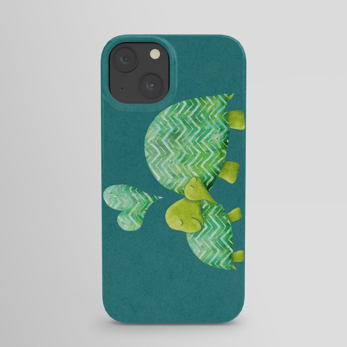 Sweet Turtle Hugs with Heart in Teal and Lime Green iPhone Case