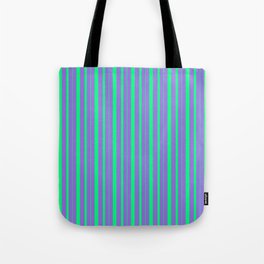 [ Thumbnail: Purple and Green Colored Stripes Pattern Tote Bag ]