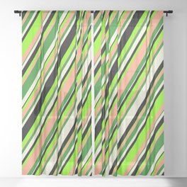 [ Thumbnail: Eyecatching Chartreuse, Light Salmon, Forest Green, Beige & Black Colored Striped/Lined Pattern Sheer Curtain ]