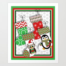 Red, Green and White Christmas Stocking Pattern // Owls, Penguins, Stripes, Snowflakes, Polka Dots, Chevron Art Print