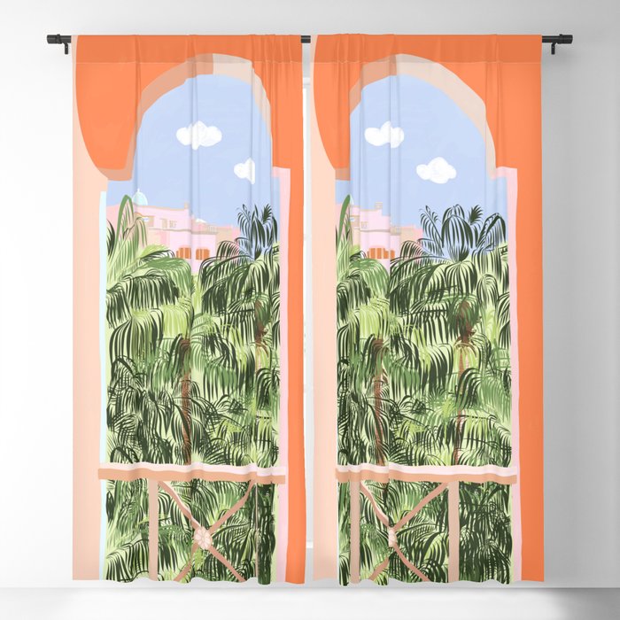 Summer Travel, Tropical Nature Palm Trees, Modern Architecture Palace Illustration Painting Blackout Curtain