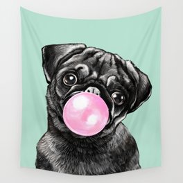 Bubble Gum Black Pug in Green Wall Tapestry