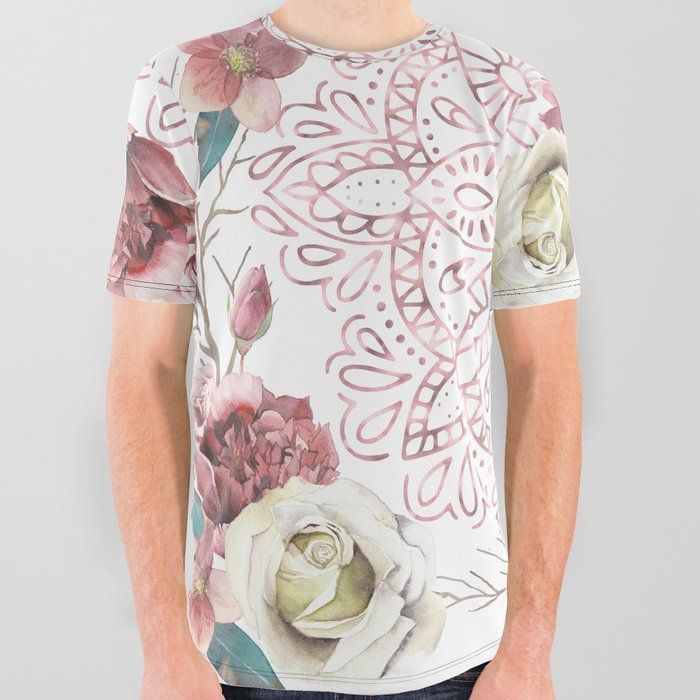 Mandala Garden Roses Warm Rose Gold All Over Graphic Tee