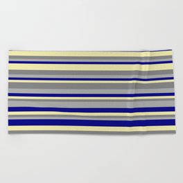 [ Thumbnail: Dark Gray, Blue, Pale Goldenrod, and Gray Colored Striped Pattern Beach Towel ]