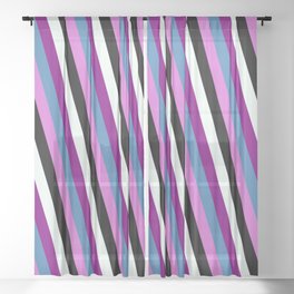 [ Thumbnail: Eyecatching Blue, Orchid, Black, Mint Cream & Purple Colored Stripes Pattern Sheer Curtain ]