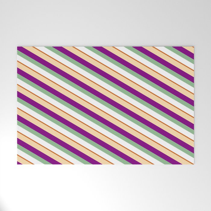Colorful Tan, Purple, Dark Sea Green, White, and Chocolate Colored Lines/Stripes Pattern Welcome Mat