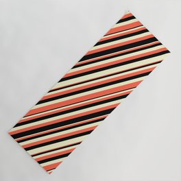 [ Thumbnail: Red, Black & Light Yellow Colored Striped Pattern Yoga Mat ]