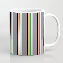 [ Thumbnail: Light Salmon, Black, Grey, Lavender, and Forest Green Colored Stripes Pattern Coffee Mug ]