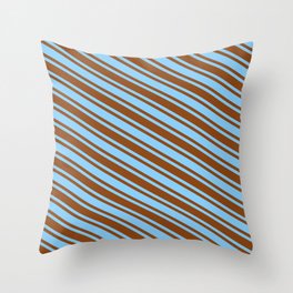 [ Thumbnail: Light Sky Blue & Brown Colored Lined/Striped Pattern Throw Pillow ]