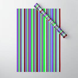 [ Thumbnail: Vibrant Maroon, Powder Blue, Lime, Purple & Cornflower Blue Colored Striped Pattern Wrapping Paper ]