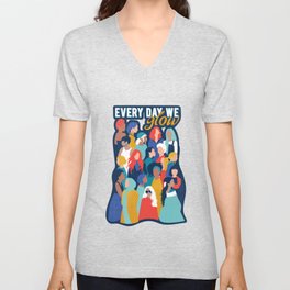 Every day we glow International Women's Day // midnight navy blue background teal, mint, electric blue neon orange red and gold humans  V Neck T Shirt