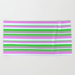 [ Thumbnail: Violet, Light Cyan, Lime Green, and Dark Grey Colored Lines/Stripes Pattern Beach Towel ]