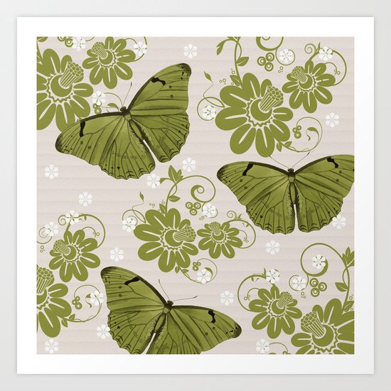 Green Butterflies & Flowers Art Print