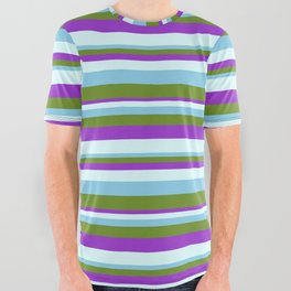 [ Thumbnail: Sky Blue, Green, Dark Orchid, and Light Cyan Colored Striped Pattern All Over Graphic Tee ]