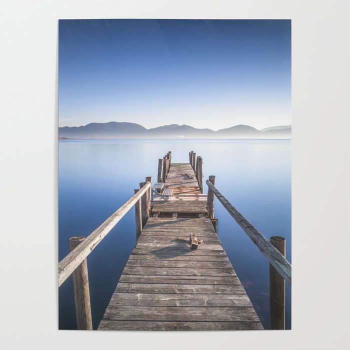 Wooden pier or jetty and lake at sunrise. Torre del Lago Puccini. Tuscany, Italy Poster