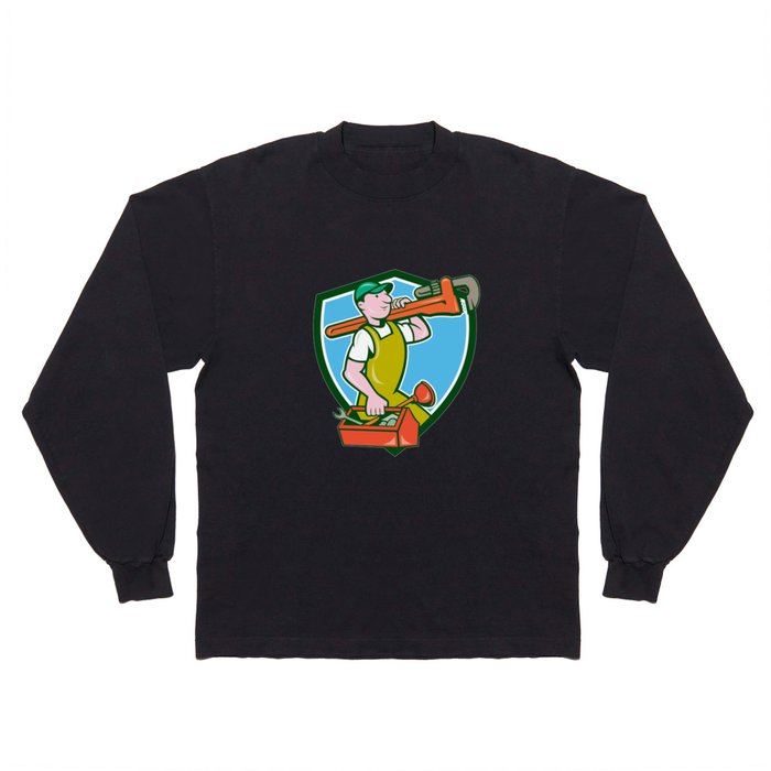 Plumber Carrying Monkey Wrench Toolbox Crest Long Sleeve T Shirt
