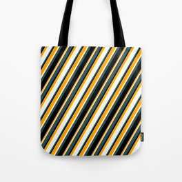 [ Thumbnail: Orange, Mint Cream, Dark Slate Gray, and Black Colored Lined/Striped Pattern Tote Bag ]