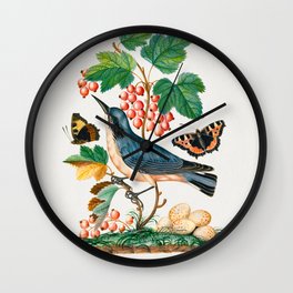 Subalpine warbler and eggs, strawberry, Red Admiral, wasp cocoon, ants and cocoons Wall Clock