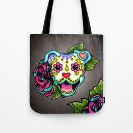 Smiling Pit Bull in White - Day of the Dead Pitbull Sugar Skull Tote Bag