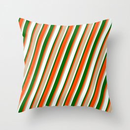 [ Thumbnail: Tan, Mint Cream, Dark Green & Red Colored Stripes Pattern Throw Pillow ]