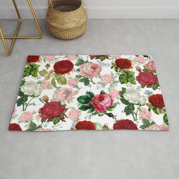 Botanical red pink white romantic roses floral Rug