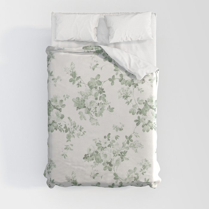 Elegant vintage green white roses shabby floral Duvet Cover