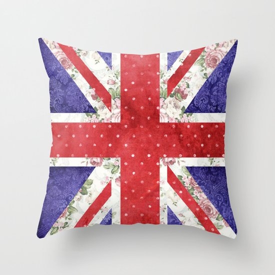 Vintage Red Polka Dots Floral UK Union Jack Flag and Blue Damask Throw Pillow