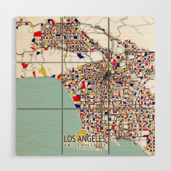 Los Angeles, California, USA City Map - Mondrian Wood Wall Art