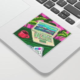 Colorful illustration with laptop and a cup of tea Sticker