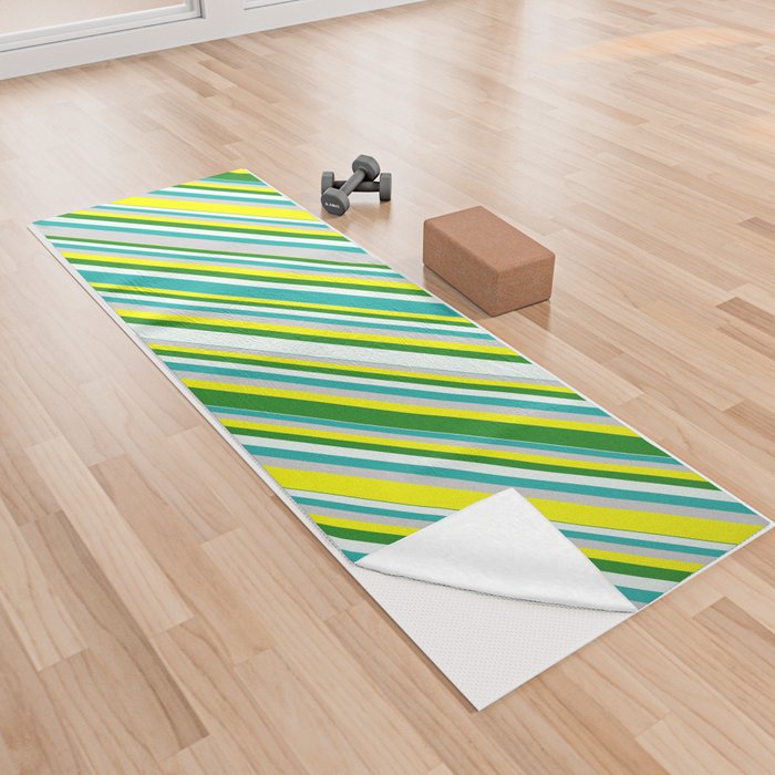 Eyecatching Yellow, Forest Green, Mint Cream, Light Sea Green, and Light Grey Colored Lined Pattern Yoga Towel