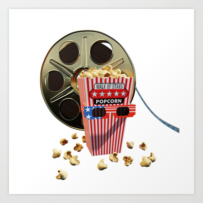 3D Movie Reel and Buttered Popcorn Art Print by Pop Alien