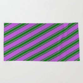 [ Thumbnail: Orchid and Green Colored Lined/Striped Pattern Beach Towel ]