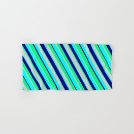 [ Thumbnail: Light Gray, Cyan, Dark Blue & Green Colored Lines Pattern Hand & Bath Towel ]