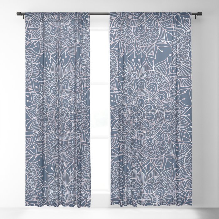 Modern Navy Blue Blush Pink Watercolor Floral Mandala Sheer