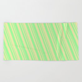 [ Thumbnail: Green and Pale Goldenrod Colored Lines/Stripes Pattern Beach Towel ]
