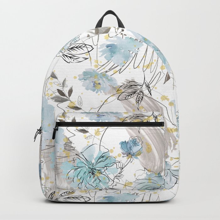 Abstract teal gray sky blue gold floral painting Backpack